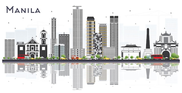 Skyline van de stad van Manilla Filippijnen met grijze gebouwen geïsoleerd op wit. Vectorillustratie. Zakelijk reizen en toerisme Concept met historische gebouwen. Manilla stadsgezicht met monumenten.