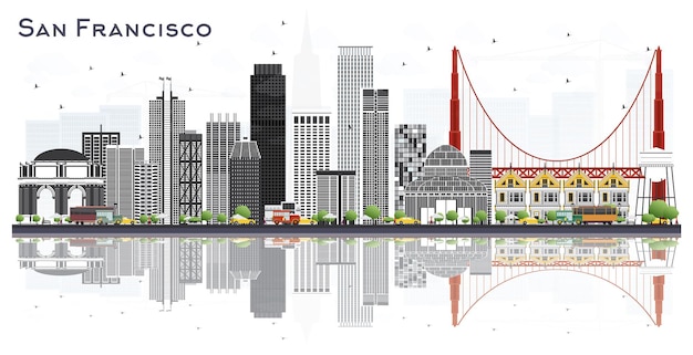 Skyline van de stad van San Francisco Usa met grijze gebouwen geïsoleerd op wit. Vectorillustratie. Zakelijk reizen en toerisme Concept met moderne gebouwen. San Francisco stadsgezicht met monumenten.