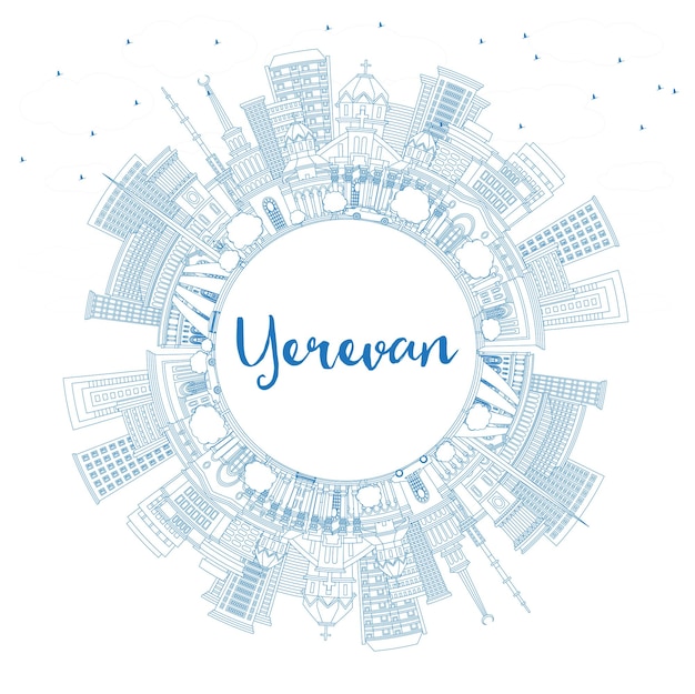 Vector skyline van de stad yerevan armenië met blauwe gebouwen en kopieerruimte yerevan stadsbeeld met bezienswaardigheden zakelijk reizen en toerisme concept met historische architectuur