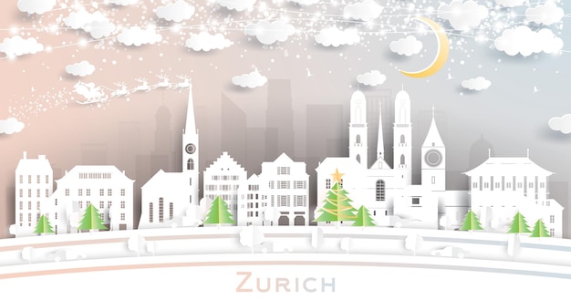 Skyline van de stad Zürich, Zwitserland in papier gesneden stijl met sneeuwvlokken, maan en neonslinger