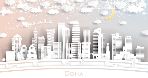 Skyline van Doha Qatar in papier gesneden stijl met sneeuwvlokken, maan en neon Garland. Vectorillustratie. Kerstmis en Nieuwjaar Concept. Kerstman op slee.