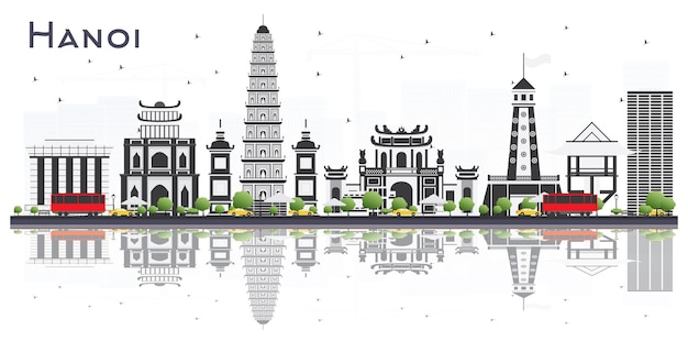 Skyline van Hanoi, Vietnam, met grijze gebouwen en reflecties geïsoleerd op een witte achtergrond