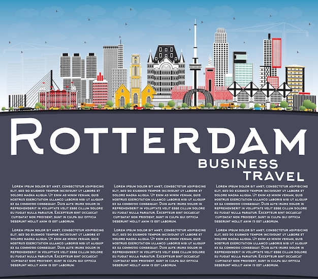 Skyline van Rotterdam Nederland met grijze gebouwen, blauwe lucht en kopie ruimte. Vectorillustratie. Zakelijk reizen en toerisme Concept met moderne architectuur. Rotterdams stadsgezicht met monumenten.