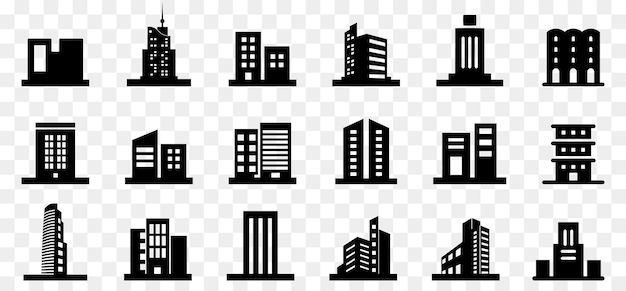 Vector skyscraper apartment office government building icon collection in black architecture buildings symbols skyscraper or apartment building icons set of architecture signs