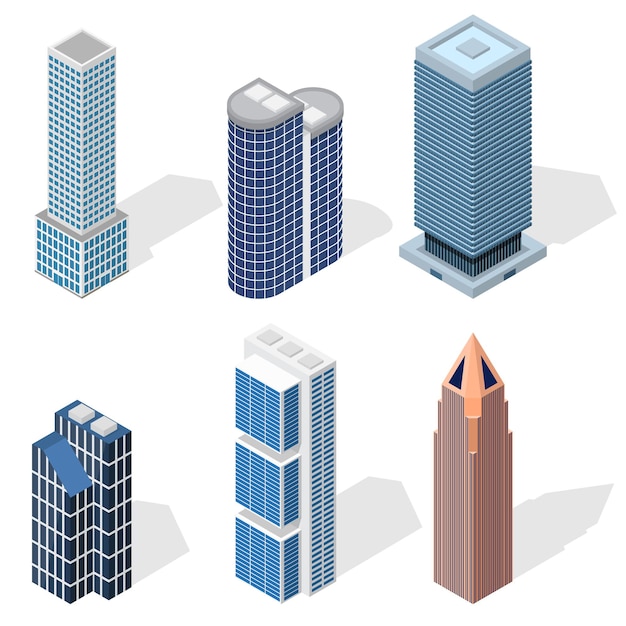 Skyscraper building set isometric view urban architecture modern exterior construction.