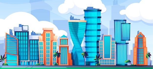 Skyscraper city landscape Urban panorama with high architecture buildings cartoon scape of town street with real estate Vector background