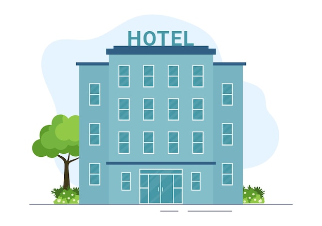 Vettore grattacielo hotel building flat cartoon hand drawn illustration template con view panorama design