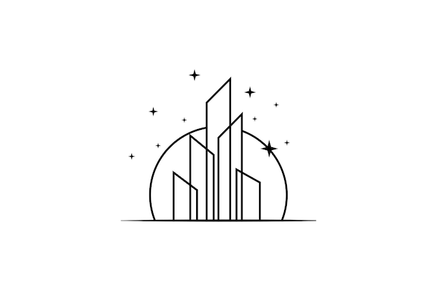 Vettore grattacielo line art logo design con sfondo di luna piena e stelle