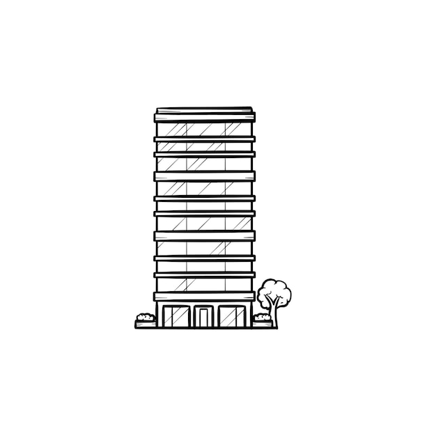 Skyscraper with trees hand drawn outline doodle icon. Business office real estate and city skyline concept