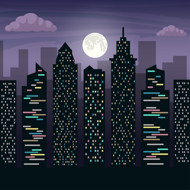 the skyscrapers of the big city in moonlight night city landscape vector flat illustration