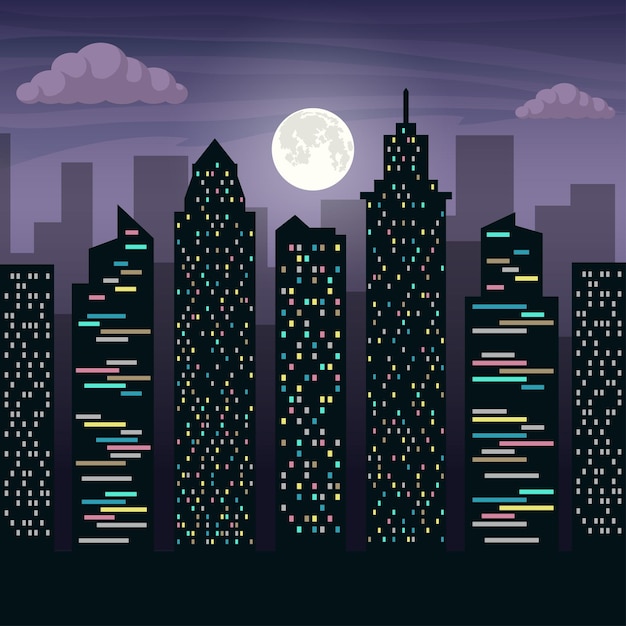 The skyscrapers of the big city in moonlight Night city landscape Vector flat illustration