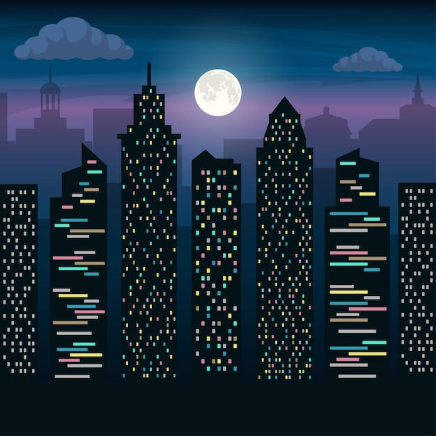 Vector the skyscrapers of the big city in moonlight night city landscape vector flat illustration