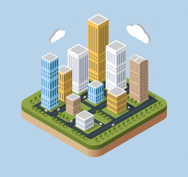 Skyscrapers and buildings in an isometric view.