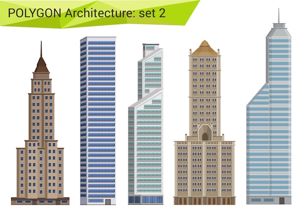 Vector skyscrapers, city houses and buildings polygonal style set.
