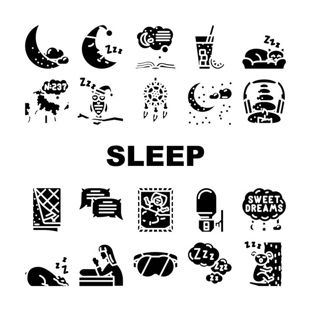 Vector slaap bed kussen droom nacht iconen set vector