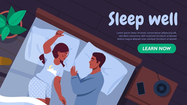 Slaap lekker poster bovenaanzicht bij man en vrouw bij bedrust en herstel samen slapen en dromen
