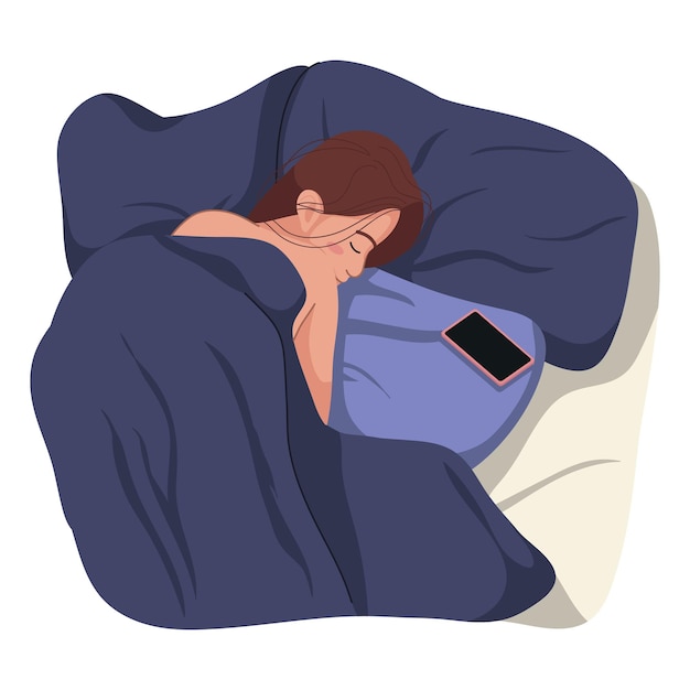 Slaapend gelukkig meisje met haar telefoon