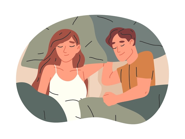 Slaapend koppel Man en vrouw slapen in bed onder dekens rust en bedtijd scène platte vector illustratie Jong gezin slaapt in bed