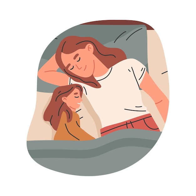 Slaapende moeder en dochter Vrouw slaapt in bed met haar baby meisje rusten en bedtijd scène platte vector illustratie Familie slaapt in het bed