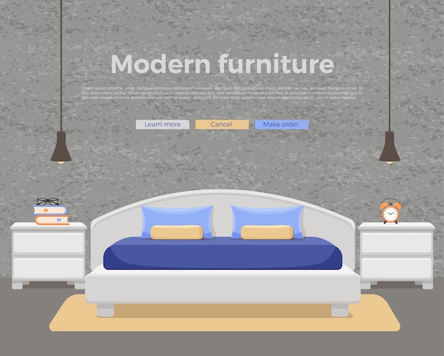 Slaapkamer interieur. Kleurrijke illustratie van het bed van het hotelappartement, nachtkastje, lamp, kamerplant.