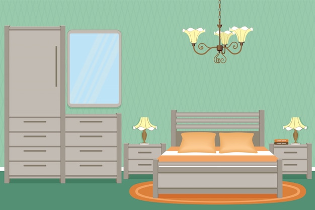 Slaapkamer interieur met bed, nachtkastjes, wandlampen en slaapkamermeubilair.