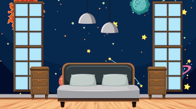 Vector slaapkamer met bed en ruimtebehang