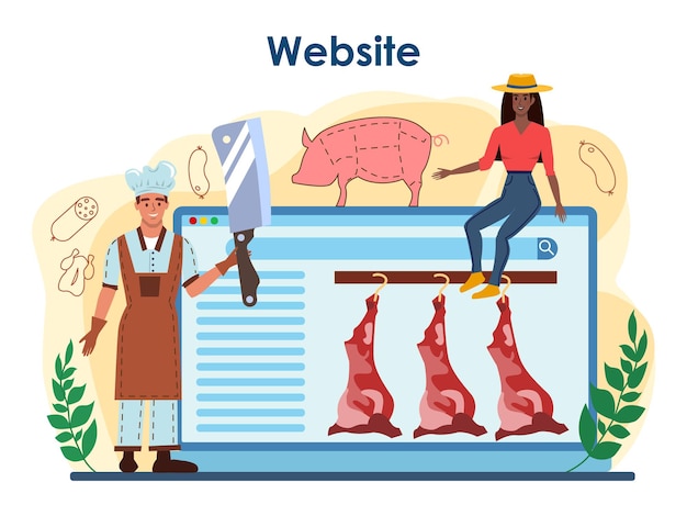 Slager of vleesman online service of platform. vers vlees en halffabrikaten met ham en worst, productie van rundvlees en varkensvlees. website. platte vectorillustratie