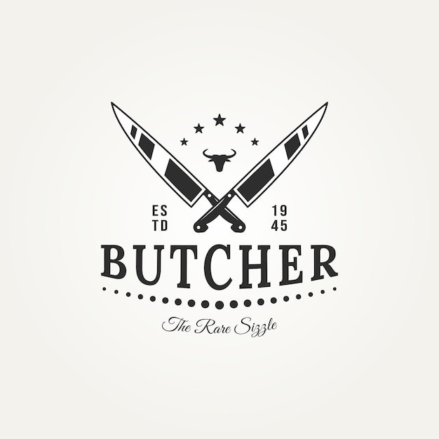 Slager vlees winkel met cross chef-kok messen en stier hoofd badge logo sjabloon vectorillustratie