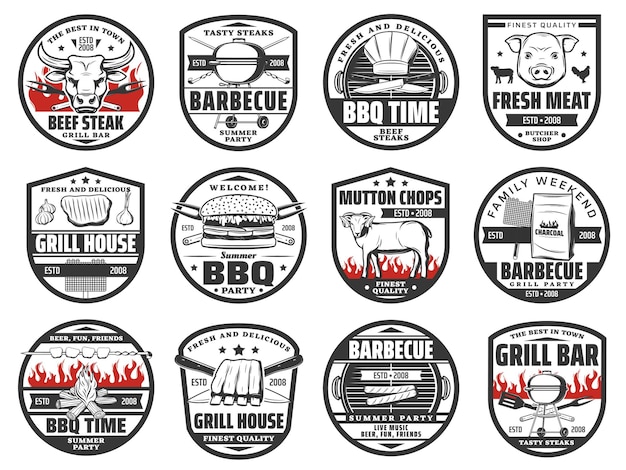 Slagerij, grillbar en barbecue party iconen