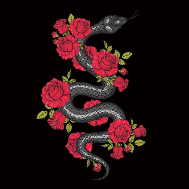 Slang en rozen illustratie Vector illustratie met de hand getekende illustratie voor t-shirt print stof