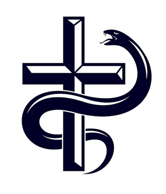 Vector slang op een kruis vintage tattoo, slang wikkelt zich rond christelijk kruis, god en duivel allegorie, de strijd tussen goed en kwaad, symbolisch vector illustratie logo of embleem.
