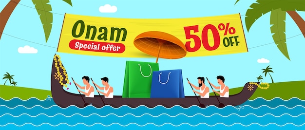 Slangenboot met boodschappentassen onder paraplu kerala festival onam speciale aanbieding concept