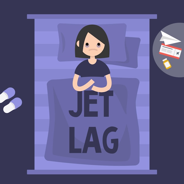 Vector slapeloosheid. jetlag. jong uitgeput vrouwelijk karakter dat in het bed ligt. platte bewerkbare vectorillustratie, illustraties