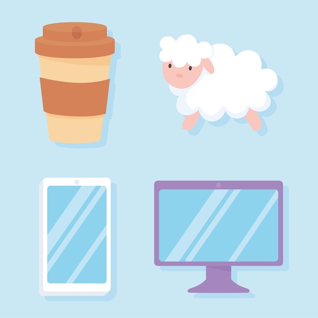 Slapeloosheid, schapen computer mobiel en koffiekopje iconen vector illustratie