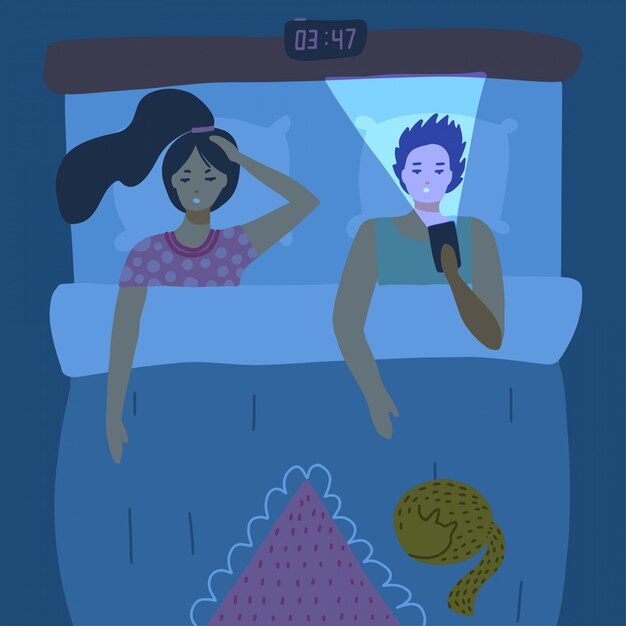 Slapeloze paar liggend in bed en het gebruik van mobiele telefoons. Verslaving, ongezonde gewoonte, slapeloze concept voor banner. Gadget en internet verslaafde gebruikers vlakke afbeelding.