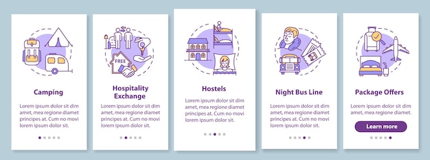 Slapen onboarding mobiele app paginascherm met concepten. Camping, gastvrijheid uitwisseling. Budgetreizende vijf stappen grafische instructies. UI-vectorsjabloon met RGB-kleurenillustraties