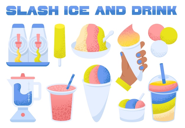 Vector slashy ice and drink set frozen summer sweets with different flavors