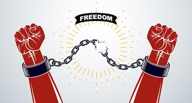 Illustrazione del tema della schiavitù con forte pugno chiuso che combatte per la libertà contro catena, logo vettoriale o tatuaggio, liberarsi, lotta per la libertà.