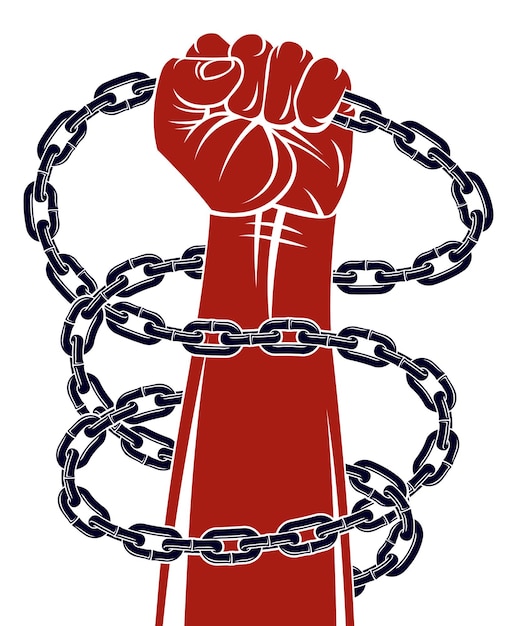 Illustrazione a tema di schiavitù con mano forte, pugno chiuso, lotta per la libertà contro la catena, logo o tatuaggio del vettore, lotta libera per la libertà