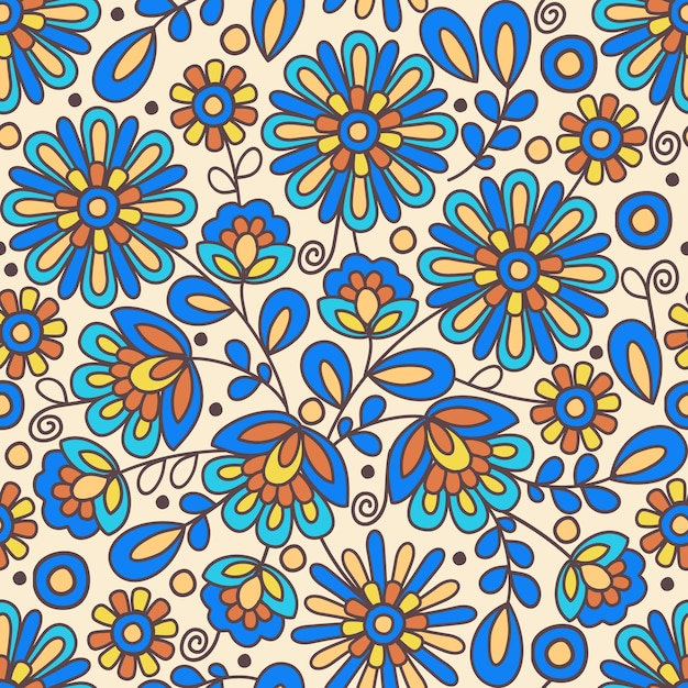 Slavic floral seamless vector ornament Bright blue and yellow flowers on light background