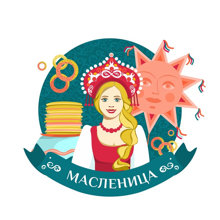 Славянская девушка с длинной плеткой в традиционном народном платье Shrovetide или Maslenitsa блинчики булочки