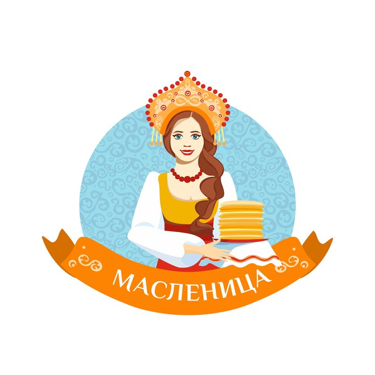 Славянская девушка с длинной плеткой в традиционном народном платье Shrovetide или Maslenitsa блинчики булочки