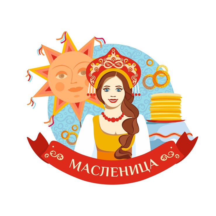 Славянская девушка с длинной плеткой в традиционном народном платье Shrovetide или Maslenitsa блинчики булочки