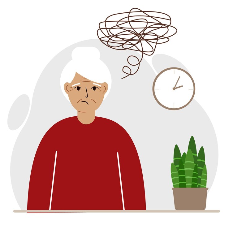 Vector slecht gedachtenconcept. een grootmoeder voelt zich depressief met gedachten na negatieve gebeurtenissen, ongelukkig, lijden, verdriet, depressie. platte vectorillustratie