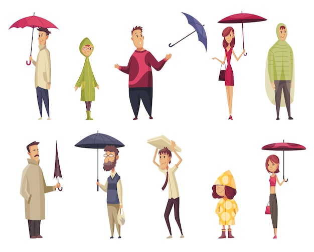 Slecht winderig regenachtig weer grappige cartoon pictogrammen instellen met mensen die binnenstebuiten flippen paraplu's vector illustratie collectie tekens met parasols