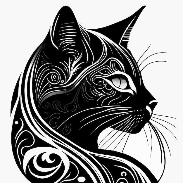 Гладкая черно-белая татуировка кошки с сложными деталями и оттенком реализма