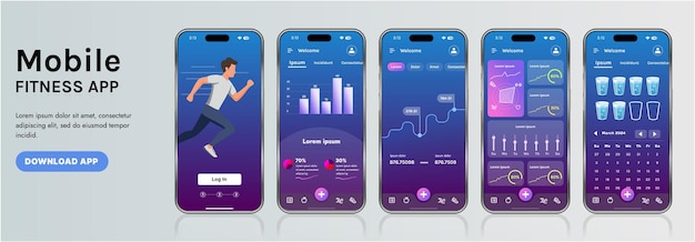 A sleek fitness app interface template featuring responsive design elements including dashboards charts and statistics Perfect for tracking health weekly progress and sports activities