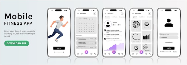 A sleek fitness app interface template featuring responsive design elements including dashboards charts and statistics Perfect for tracking health weekly progress and sports activities