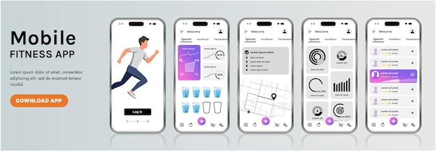A sleek fitness app interface template featuring responsive design elements including dashboards charts and statistics Perfect for tracking health weekly progress and sports activities
