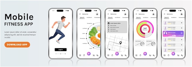 A sleek fitness app interface template featuring responsive design elements including dashboards charts and statistics Perfect for tracking health weekly progress and sports activities